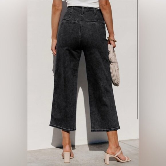 Addkaka Wide Leg High Rise Exposed Button Fly Wide Leg Culotte Stretch Jeans - Picture 2 of 9